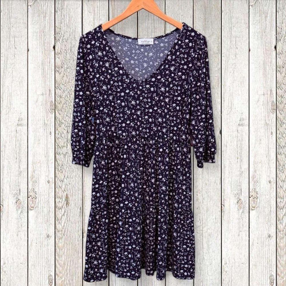 Kaileigh Black Floral Tiered Midi Dress Puff Sleeve Cottagecore Size Large